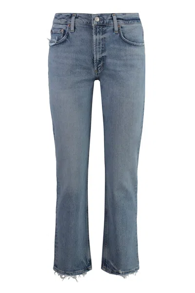 Agolde Cropped Denim Trousers Frayed Hem In Blue
