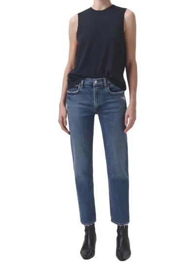 Agolde Distressed Frayed Hem Five-pocket Jeans In Blue