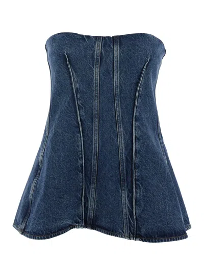 Agolde Lara Strapless Corset Peplum Denim Top In Blue