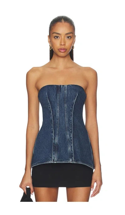 Agolde Lara Strapless Corset Peplum Denim Top In Blue