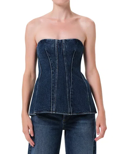 Agolde Lara Strapless Corset Peplum Denim Top In Blue