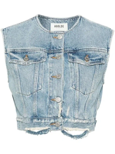 Agolde Leo Cropped Denim Vest In Fray