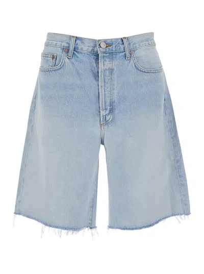 Agolde Light Blue Five-pocket Bermuda Shorts With Frayed Hem