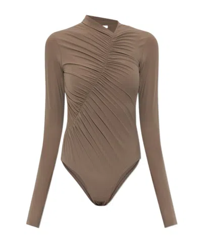 Agolde Longsleeve Ruched Bodysuit In Taupe