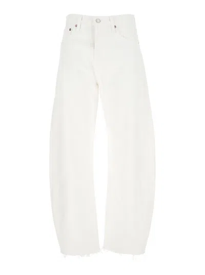 Agolde 'luna' White Jeans With Logo Patch On The Rear And Fringed Hem