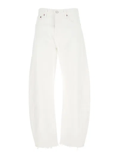 AGOLDE LUNA WHITE JEANS WITH LOGO PATCH ON THE REAR AND FRINGED HEM IN DENIM WOMAN
