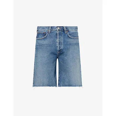 Agolde Mens Guide (worn Md Ind) Anson Frayed-hem Denim Shorts In Blue