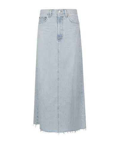 Agolde Mid-rise Frayed Edge Denim Skirt In Gray