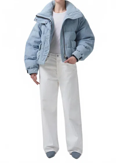 Agolde Nova Denim Puffer Jacket In Marbled Indigo In Blue