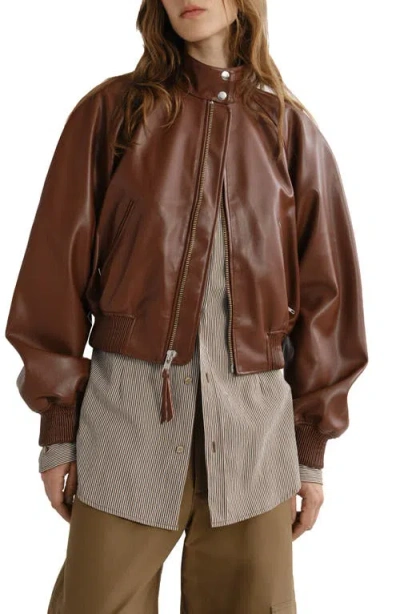Agolde Nova Faux Leather Bomber Jacket In Brown