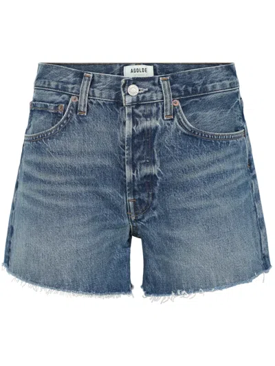 Agolde Blue Cotton Denim Shorts In Ruin