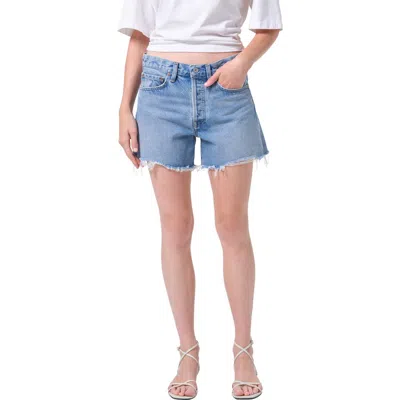 Agolde Parker Loose Fit Long Denim Cutoff Shorts In Blue