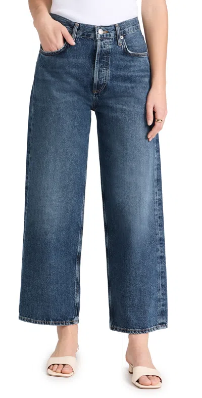 Agolde Wide-leg Denim Trousers With Metal Buttons In Blue