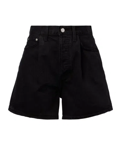 Agolde Rhoda Ruched High-rise Denim Shorts In Black