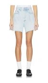 Agolde Rhoda Pleated Denim Cutoff Shorts In Blue