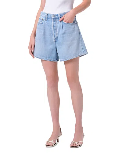 Agolde Rhoda Pleated High Waist A-line Denim Shorts In Blue