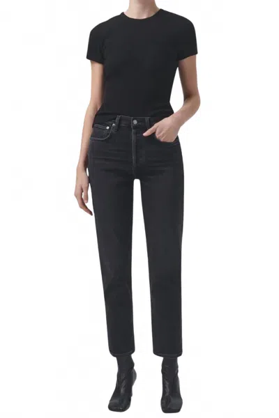 Agolde Riley High Rise Crop Straight Jeans In Panoramic In Black
