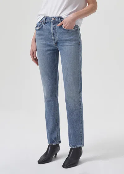 Agolde Riley High Rise Straight Long In Quiver In Blue