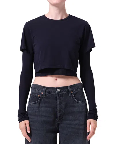 Agolde Cropped Layered Ribbed Organic Cotton-jersey T-shirt In Blue