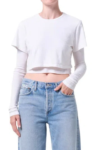 Agolde Romily Layered Long Sleeve Crop Top In White Ash White