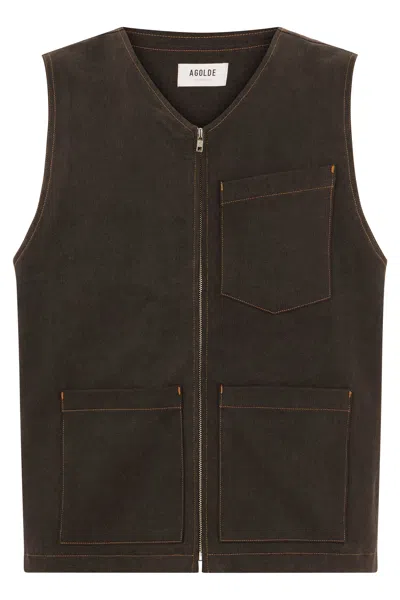 Agolde Sleeveless Denim Mini Jacket In Brown