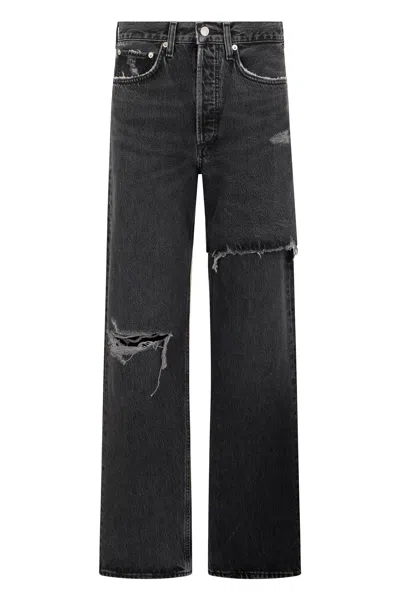 Agolde Straight Cotton Jeans With Distressed Details In Black
