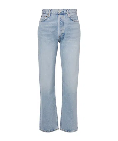 Agolde 90's Pinch Waist Long Frayed High-rise Straight-leg Jeans In Blue