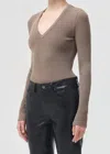 Agolde Tavi Deep V Thong Bodysuit In Biscotti In Gray