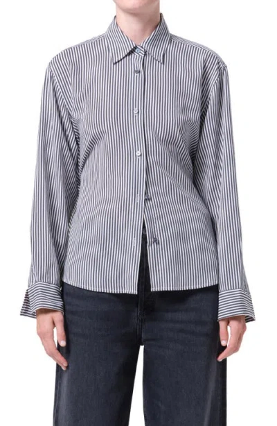 Agolde Theo Stripe Crop Back Shirt In Blue