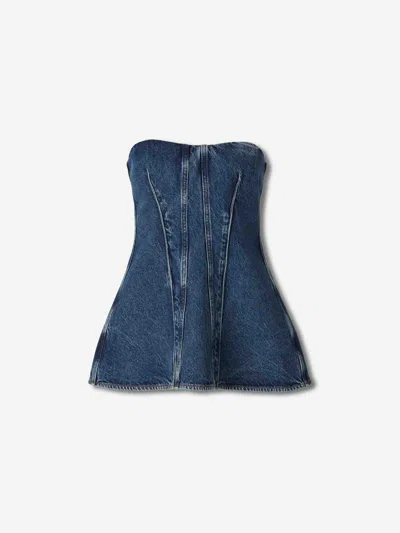 Agolde Lara Strapless Corset Peplum Denim Top In Blue