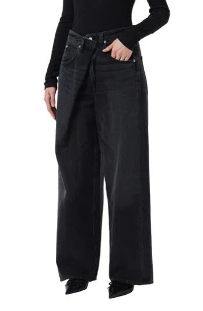 Agolde Vana Fold Waistband Wide Leg Jeans In Black