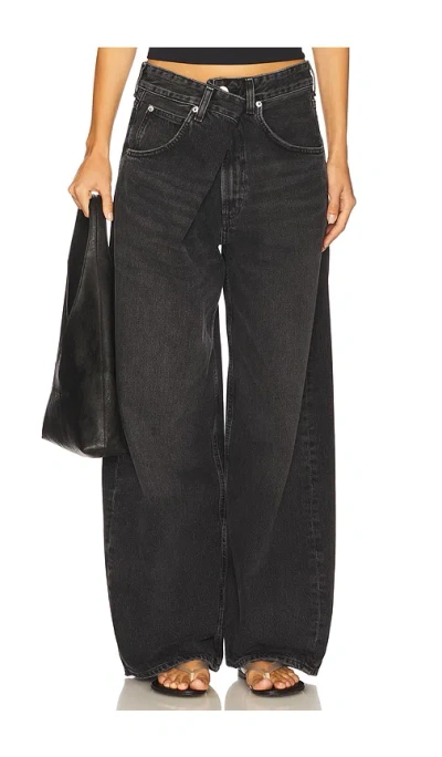 Agolde 'elson' Black Jeans With Double-layered Waist And Leather Details In Denim Woman