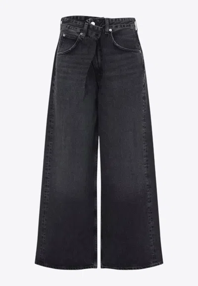Agolde Elson Black Jeans With Double-layered Waist And Leather Details In Denim Woman