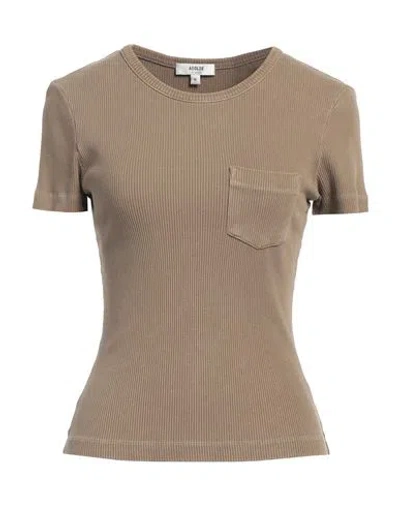 Agolde Woman T-shirt Khaki Size L Organic Cotton, Lyocell, Elastane In Beige