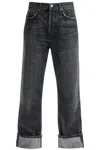 Agolde Fran High Rise Wide Leg Low Slung Cuffed Jeans In Ditch In Nero