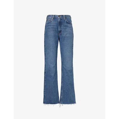 Agolde Womens Placebo (dk Vint Ind) Leena Fringed-cuffs Straight-leg Mid-rise Denim-blend Jeans In Blue