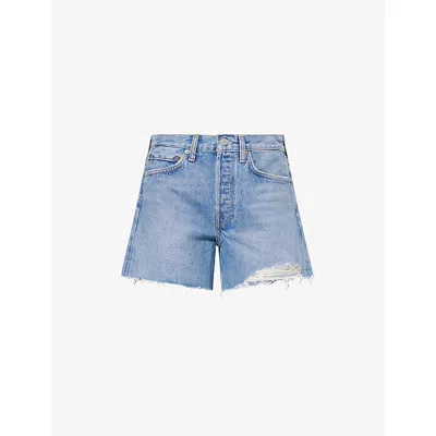 Agolde Womens Community (lt Vint Ind) Parker Long Distressed Denim Shorts In Blue