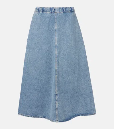 Agolde Distressed Denim Midi Skirt In Blue