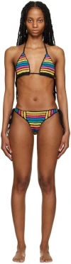 Agr Black Striped Bikini In Black/multi