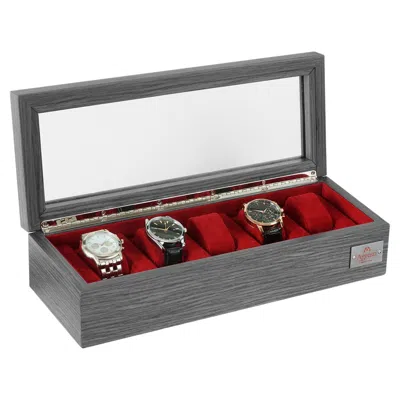 Pre-owned Agresti Watch Box For Five Watches In Smoke Grey Oak, Red Ultrasuede Detail
