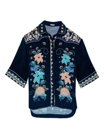 Agua Bendita Chrissy Embroidered Shirt Swim Cover-up In Blue