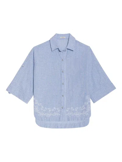 Agua Bendita Chrissy Striped Embroidered Cotton Shirt In Blue