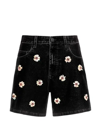 Agua Bendita Flower-embellished Denim Shorts In Black