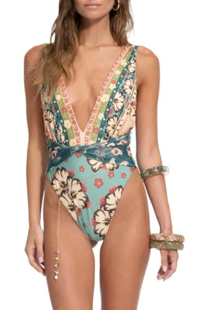 Agua Bendita Ellis Plume Floral Twist Front One-piece Swimsuit In Multi