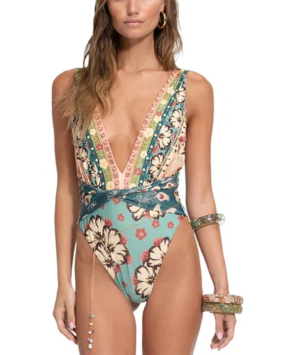 Agua Bendita Ellis Plume Plunging Neck Swimsuit In Multi