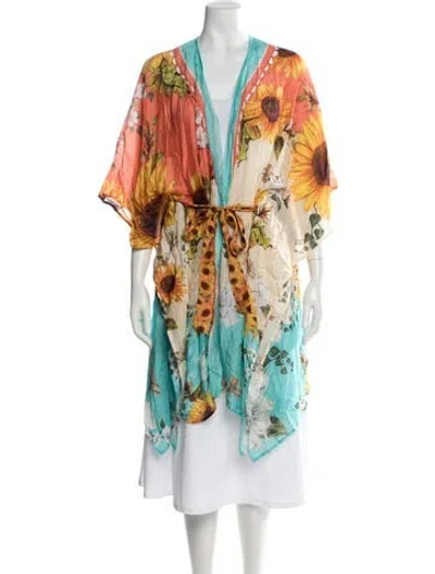 Pre-owned Agua Bendita Floral Print Bow Accents Robe W/ Tags In Orange