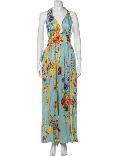 Pre-owned Agua Bendita Floral Print Halterneck Jumpsuit In Blue
