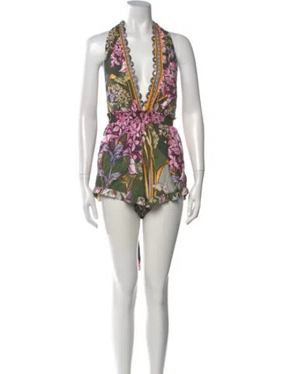Pre-owned Agua Bendita Floral Print Halterneck Romper In Neutrals