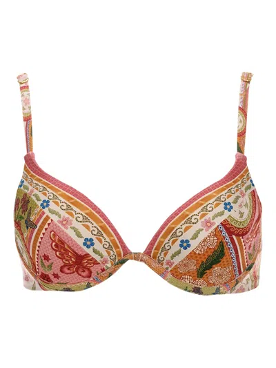 Agua Bendita Floral-print High-waisted Bikini Top In Brown