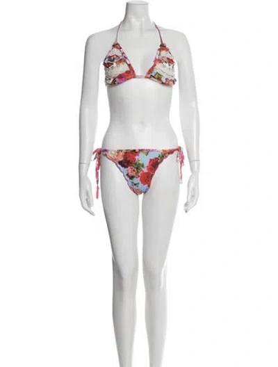 Pre-owned Agua Bendita Floral Print Lace Trim Embellishment Bikini In Blue